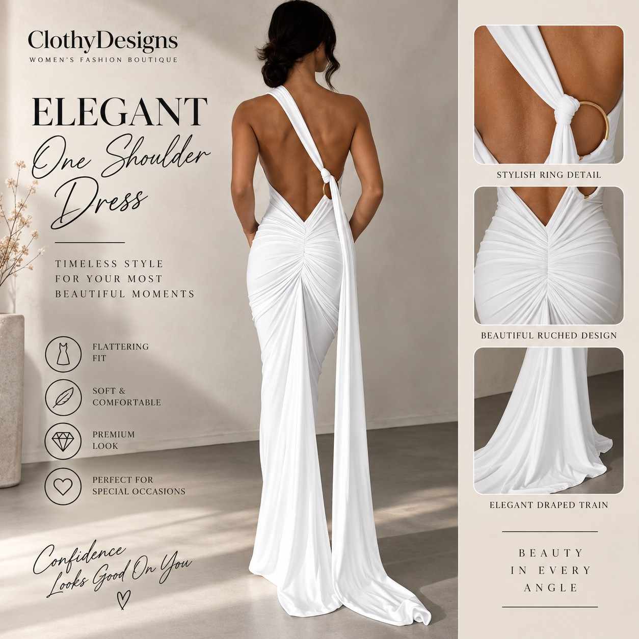 Women’s Backless Ruched Maxi Dress – Irregular Hem Sleeveless Elegant Party & Club Dress